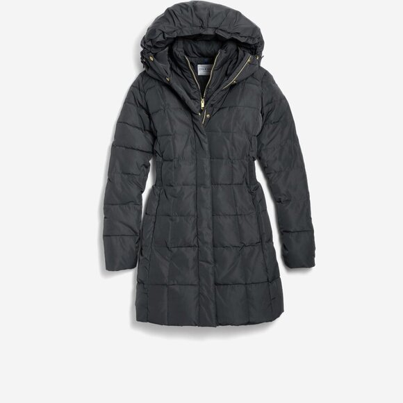 Cole Haan Coat Signature Hooded Taffeta Down Coat Cinched Waist Neutral Preppy - Picture 1 of 10